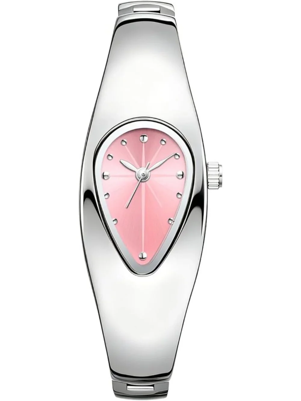 Women's Silver Pink Stainless Steel Strap Teardrop Shape Dial Quartz Wrist Watch